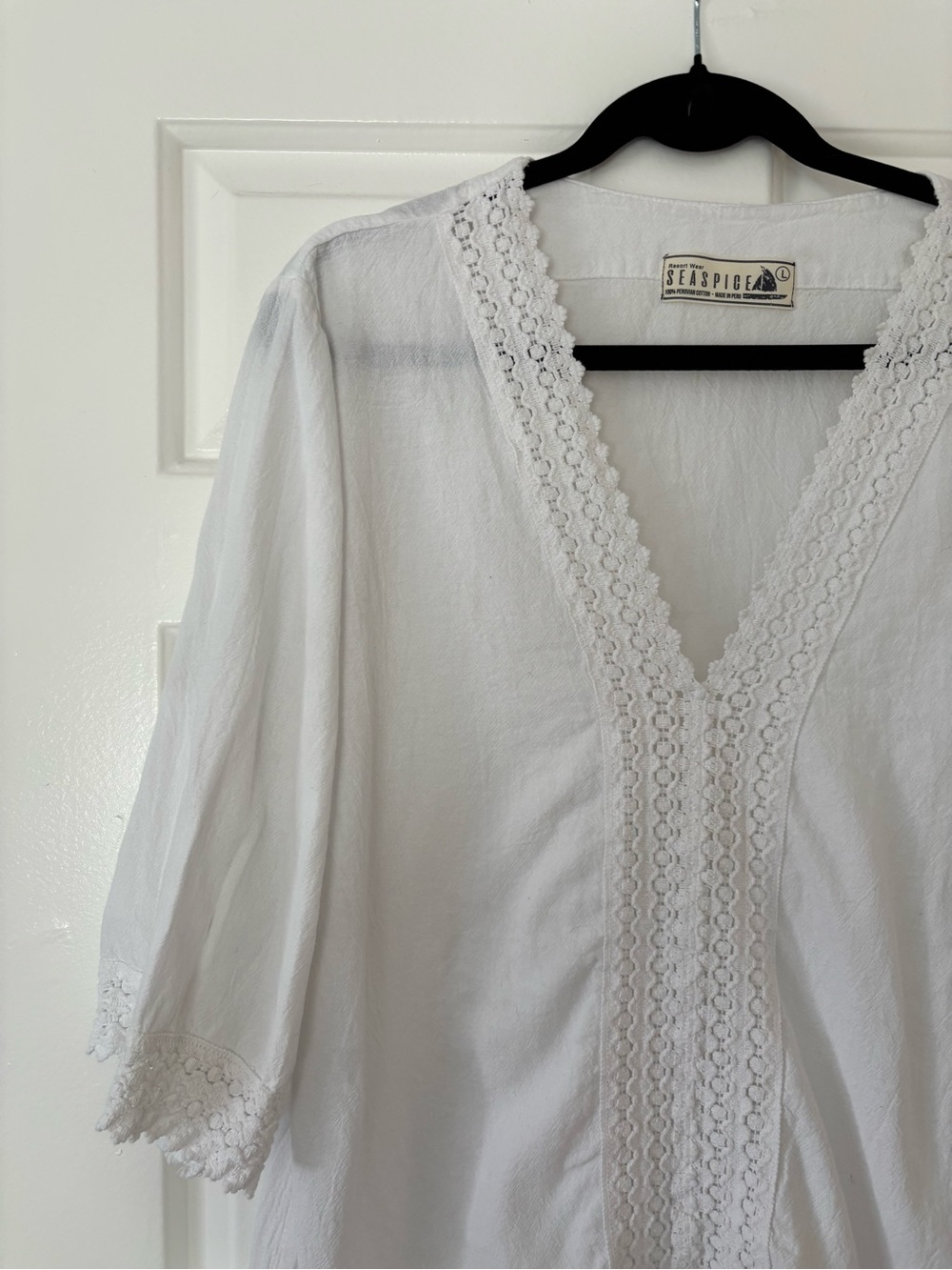 Seaspice White Crochet Trim Beach Cover Up Dress 100% Peruvian Cotton Size Large - Picture 5 of 8